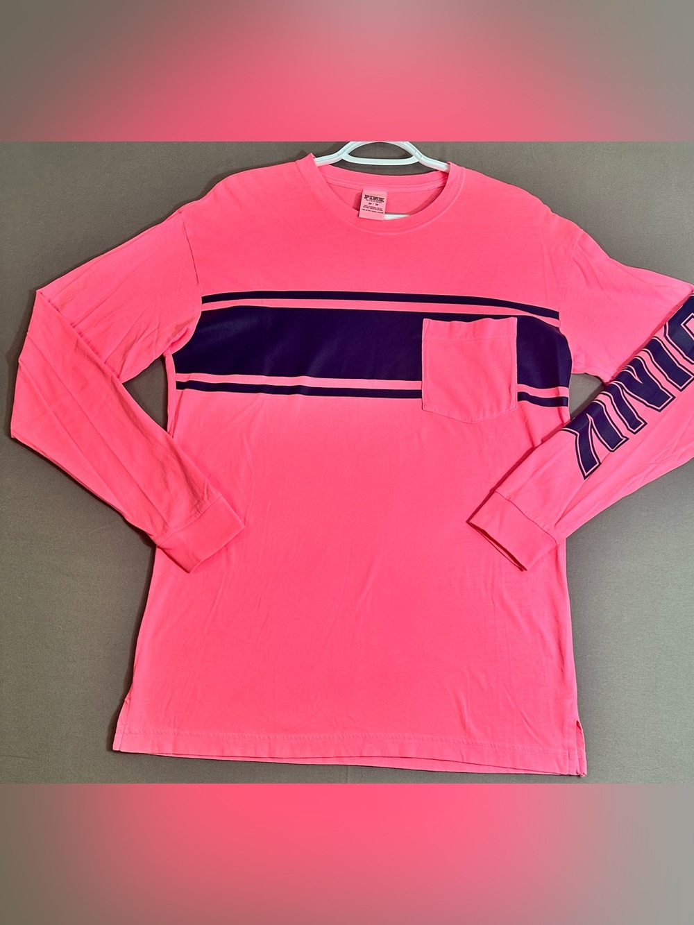 Women’s Long Sleeve Pocket Tee - Neon Pink with Navy Stripe